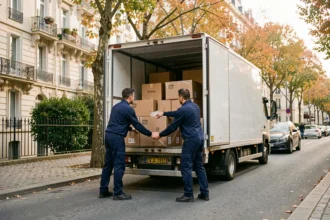 Équipe de déménageurs professionnels chargeant des meubles dans un camion dans une rue résidentielle de Boulogne-Billancourt