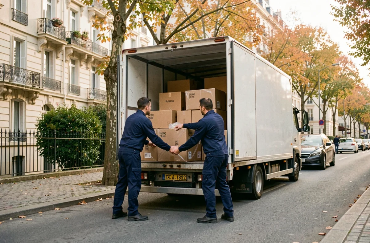 Équipe de déménageurs professionnels chargeant des meubles dans un camion dans une rue résidentielle de Boulogne-Billancourt
