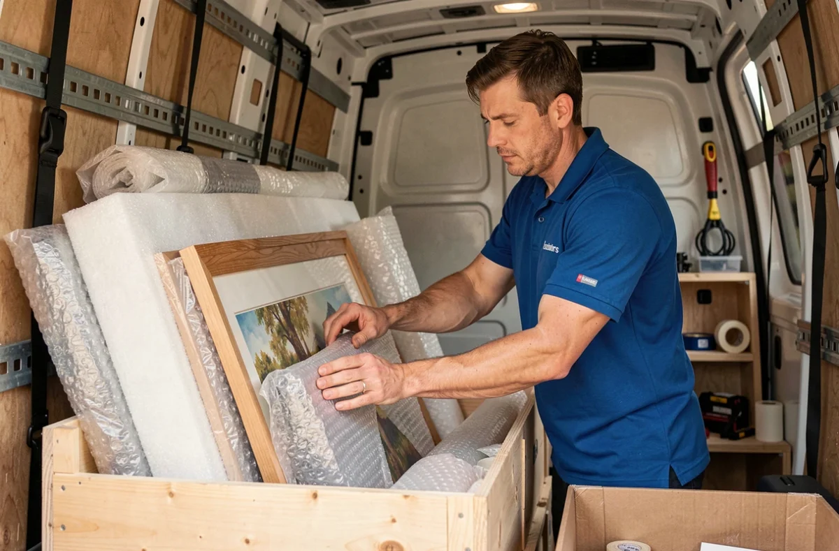 Déménageur de Déménagements Gentilly emballant des œuvres d'art dans une caisse en bois à l'intérieur d'un camion
