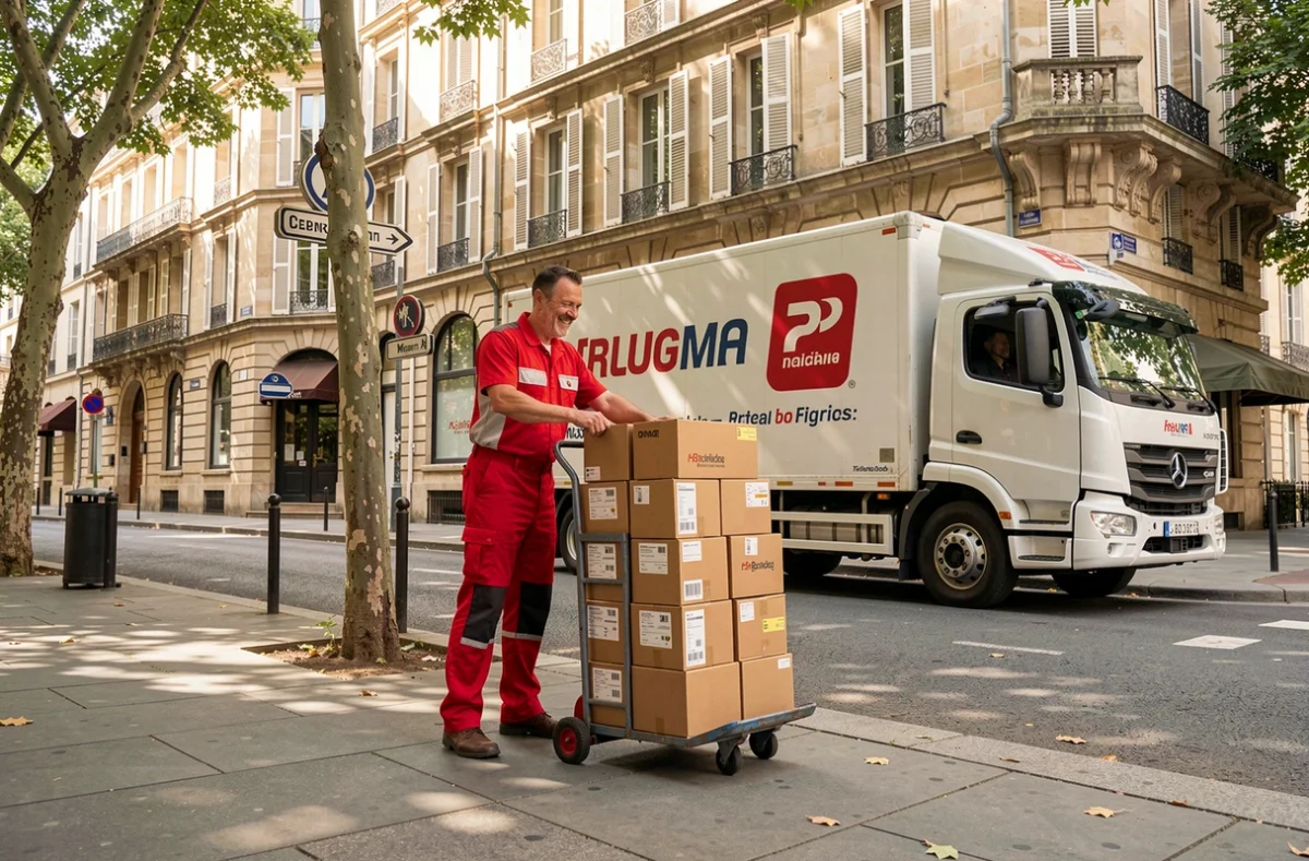 Déménageur des Déménageurs Bretons empilant des cartons étiquetés sur un diable devant un immeuble en pierre française