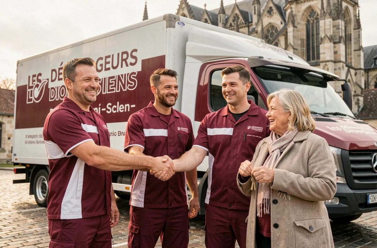 Équipe des Déménageurs Dionysiens avec une cliente satisfaite devant la basilique de Saint-Denis