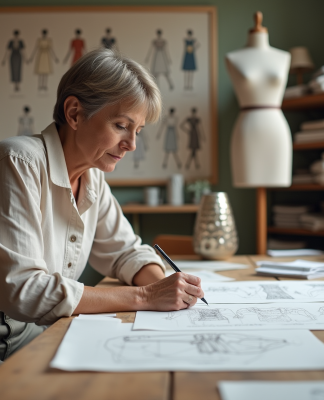Créatrice de mode en studio avec croquis et tissus