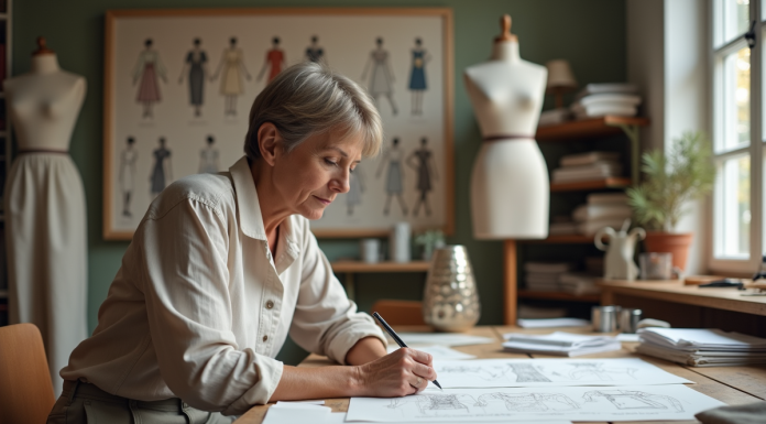 Créatrice de mode en studio avec croquis et tissus