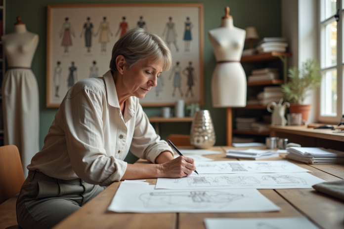 designer-modele-atelier Créatrice de mode en studio avec croquis et tissus