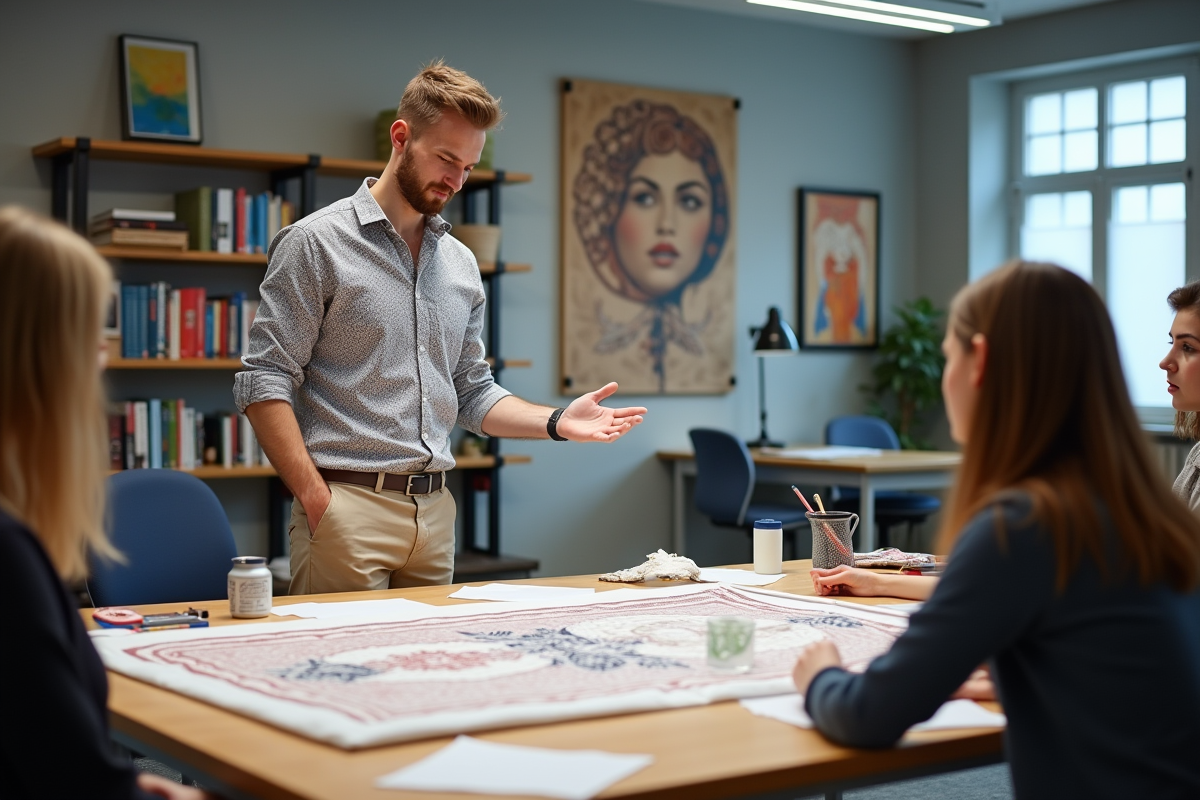 Designer textile expliquant une technique à ses étudiants