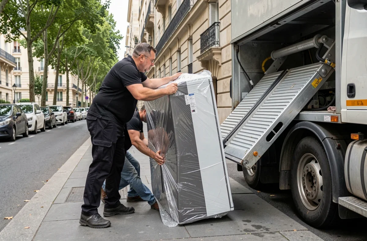 Déménageur de Dmax Déménagement opérant une porte hydraulique pour descendre un réfrigérateur emballé d'un camion