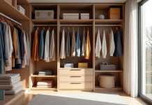 Dressing organisé avec vêtements colorés sur cintres en bois
