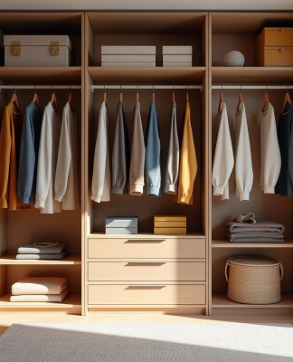 Dressing organisé avec vêtements colorés sur cintres en bois