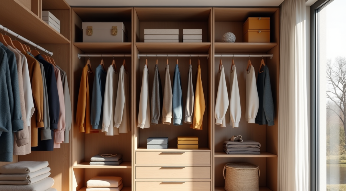 Dressing organisé avec vêtements colorés sur cintres en bois