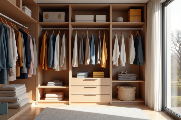 dressing-organise-elegant Dressing organisé avec vêtements colorés sur cintres en bois