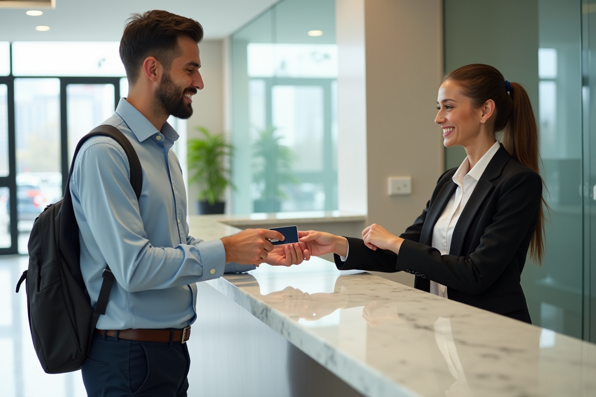 Homme d affaires donne sa carte à une receptionniste dans le lobby