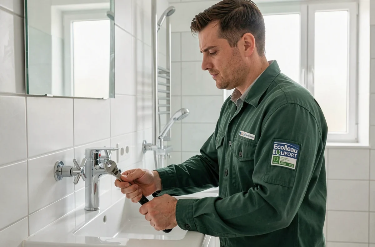 Plombier Ecoleau Confort installant un robinet économique dans une salle de bain moderne