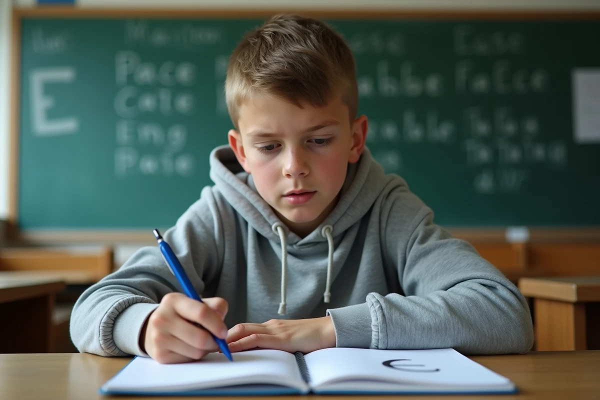Adolescent écrivant la lettre capitale É avec accent aigu dans un cahier scolaire en classe, illustration de la règle typographique française
