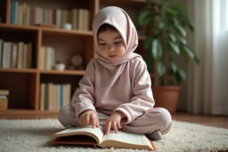 Jeune fille en hijab apprenant les Juz du Coran à la maison avec un livre illustré