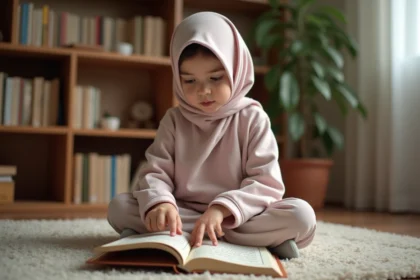 Jeune fille en hijab apprenant les Juz du Coran à la maison avec un livre illustré
