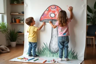 Jeunes enfants coloriant une grande silhouette de champignon