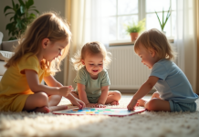 Trois jeunes enfants jouent ensemble à un jeu de société dans un salon lumineux