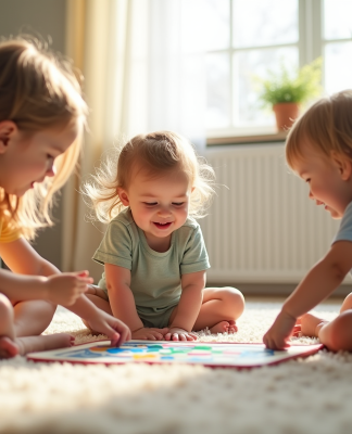 Trois jeunes enfants jouent ensemble à un jeu de société dans un salon lumineux