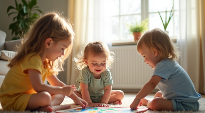 Trois jeunes enfants jouent ensemble à un jeu de société dans un salon lumineux