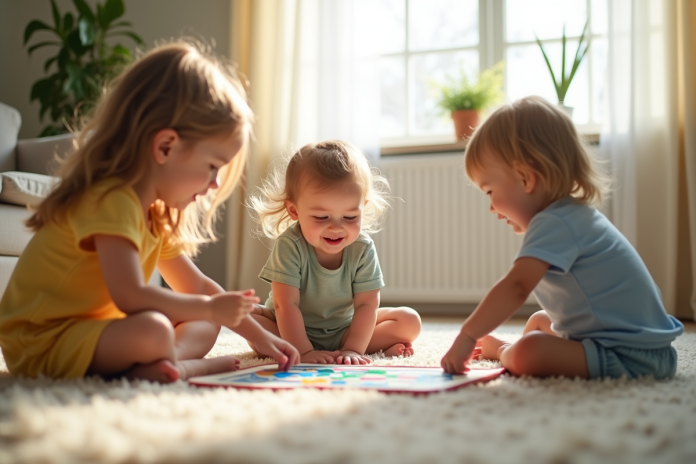 Trois jeunes enfants jouent ensemble à un jeu de société dans un salon lumineux