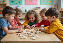 Enfants : comment le jeu favorise le développement et l’apprentissage Groupe d'enfants jouant à un puzzle dans une classe lumineuse