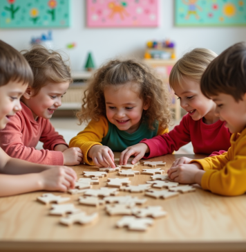 Enfants : comment le jeu favorise le développement et l’apprentissage Groupe d'enfants jouant à un puzzle dans une classe lumineuse