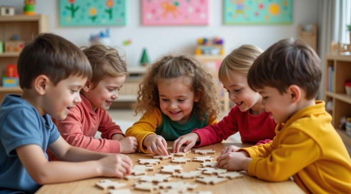 Groupe d'enfants jouant à un puzzle dans une classe lumineuse