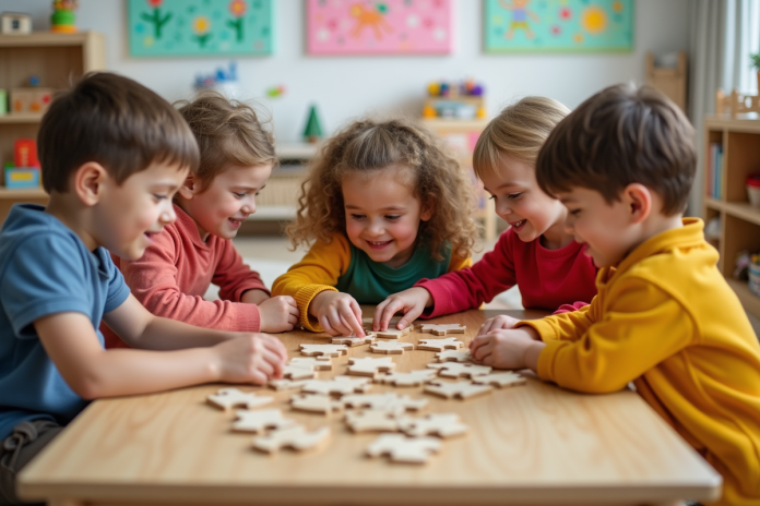 enfants-jouant-puzzle-educatif Groupe d'enfants jouant à un puzzle dans une classe lumineuse