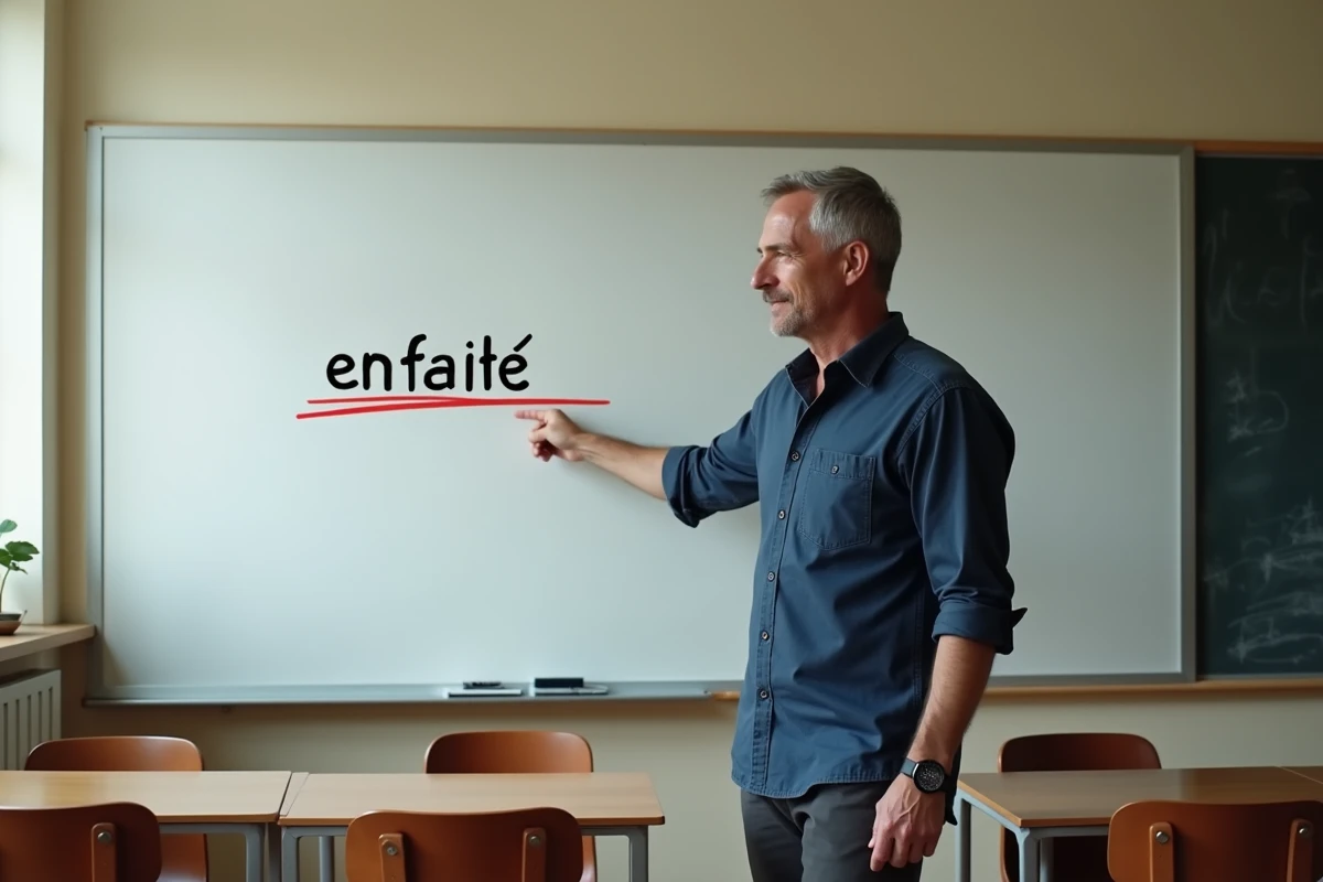Enseignant en classe pointant le mot 'enfaite' écrit en rouge sur un tableau blanc pour expliquer une faute d'orthographe courante en français