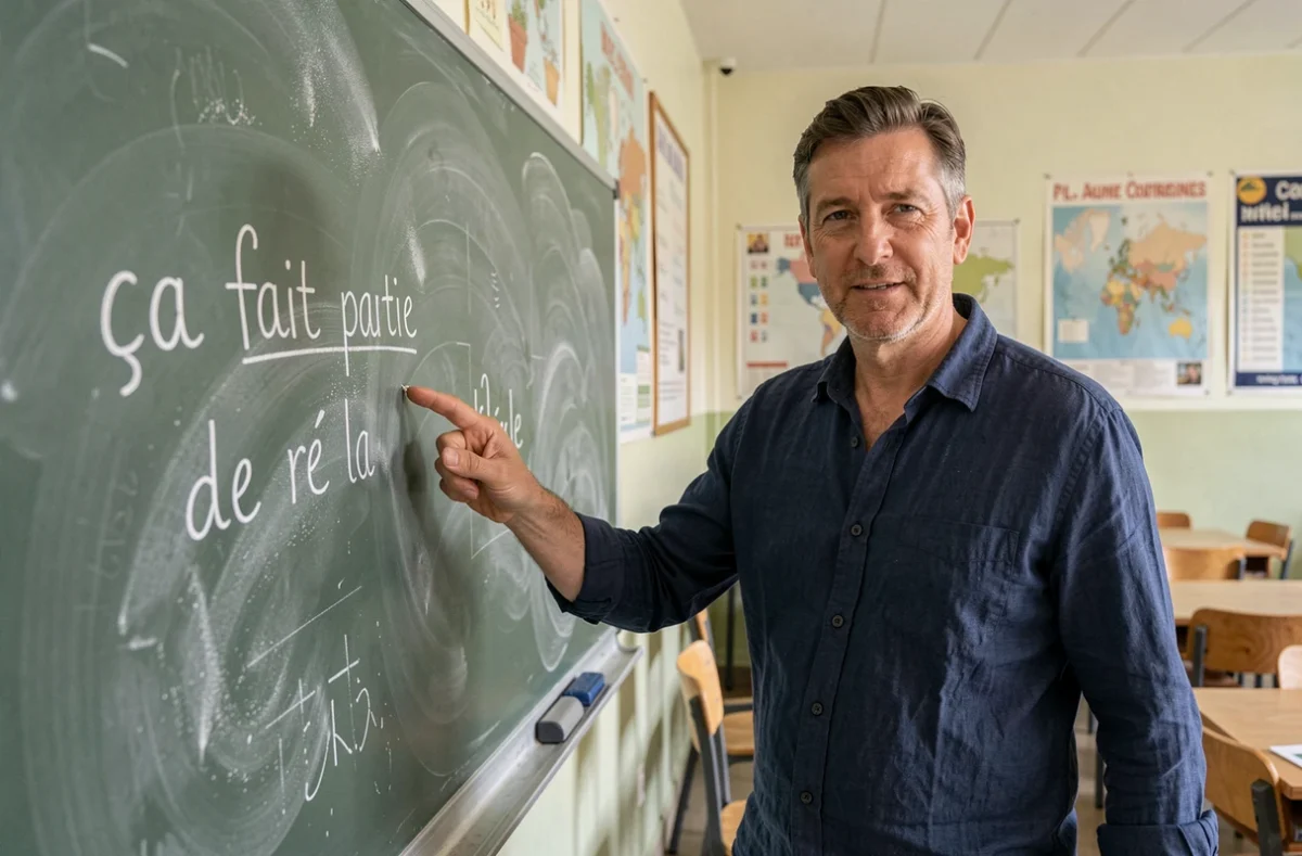 Enseignant devant un tableau noir avec la phrase 'ça fait partie' écrite à la craie, dans une salle de classe française