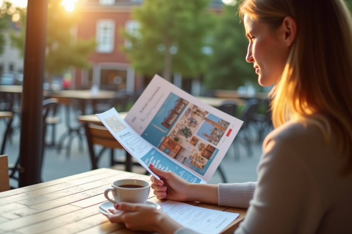 Enseignante détendue buvant un café en extérieur avec brochures de voyage