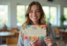 Enseignante souriante tenant un bon cadeau coloré dans une classe lumineuse