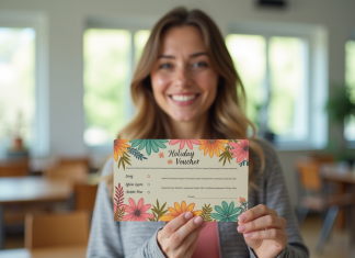 Enseignante souriante tenant un bon cadeau coloré dans une classe lumineuse