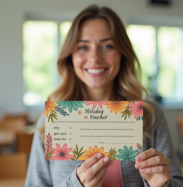 Enseignante souriante tenant un bon cadeau coloré dans une classe lumineuse