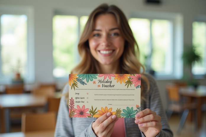 Enseignante souriante tenant un bon cadeau coloré dans une classe lumineuse