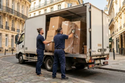 Équipe de déménagement professionnelle chargeant un camion dans une rue de Saint-Denis