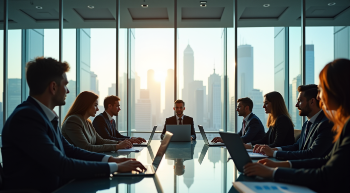 Groupe de professionnels financiers dans un bureau moderne