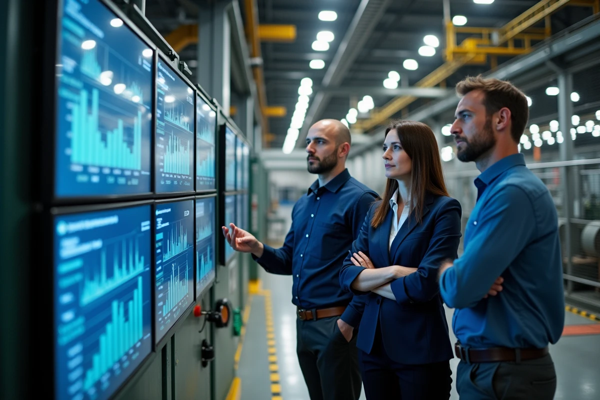 Équipe professionnelle analysant un tableau de bord de monitoring énergétique dans une usine industrielle dans le cadre d'une démarche SBTi