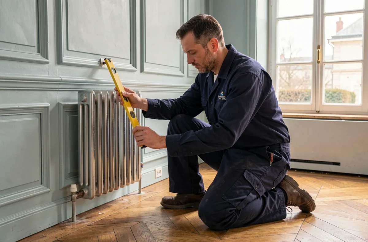 Professionnel d'Eric Malicot SARL installant un radiateur salle de bain dans une maison traditionnelle en Maine-et-Loire