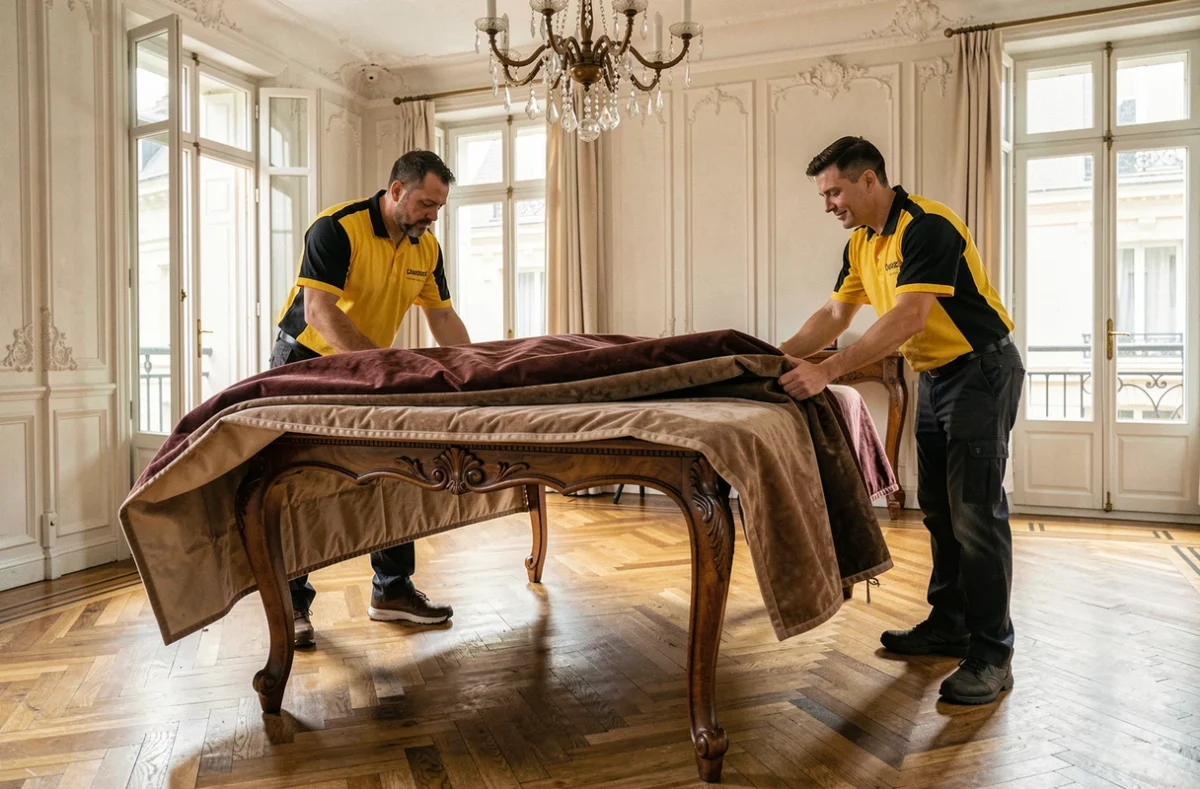 Équipe d'Euros Déménagements emballant une grande table de salle à manger dans un appartement français élégant avec parquet