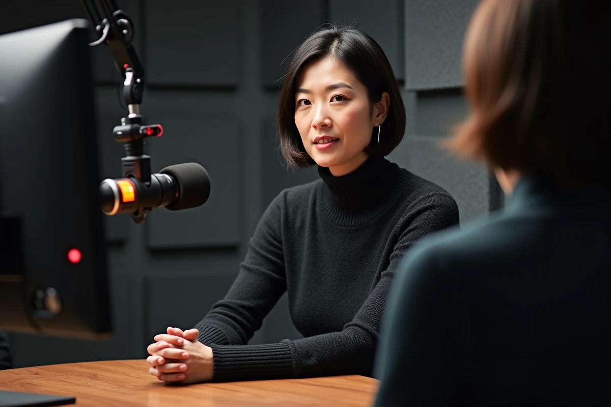 Experte en géopolitique russe enregistrant une émission dans un studio radio ou télévision, microphone au premier plan