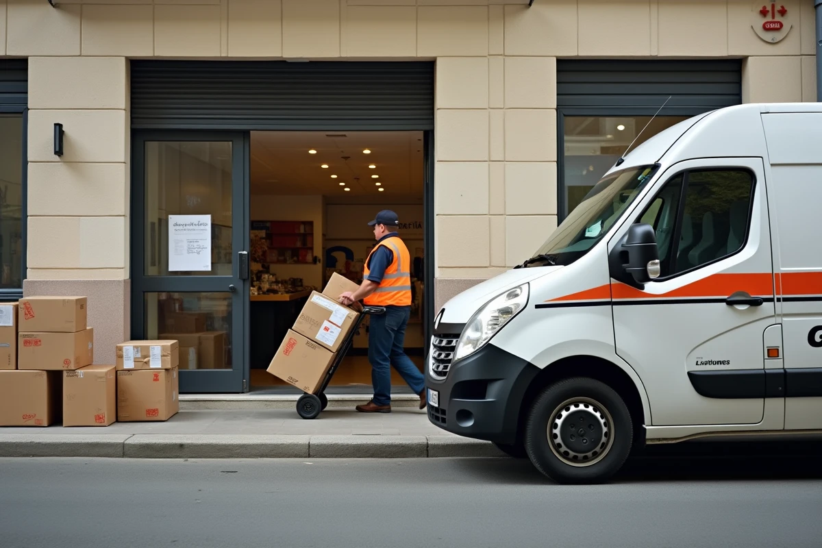 Façade d'une agence de livraison GLS avec colis en attente et livreur devant l'entrée