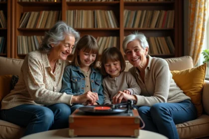 Famille multigénérationnelle réunie autour d'un tourne-disque vintage pour écouter des chansons françaises des années 60