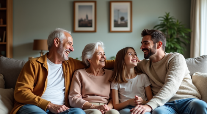Famille multigenerationale souriante dans le salon chaleureux