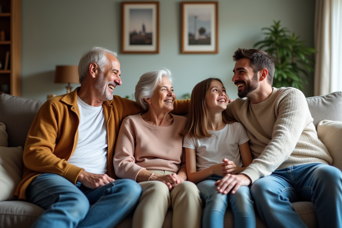 Famille multigenerationale souriante dans le salon chaleureux