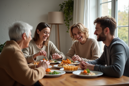 Famille multigenerational partageant un repas dans un appartement lumineux