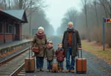Vague migratoire : comprendre les mouvements de population Famille de quatre à la gare rurale en automne