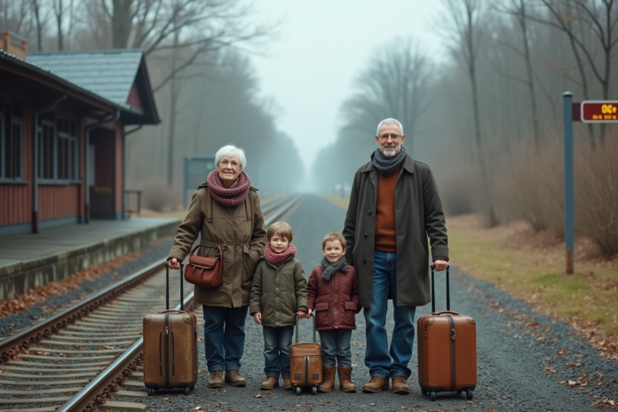famille-voyage-rural-gare Famille de quatre à la gare rurale en automne