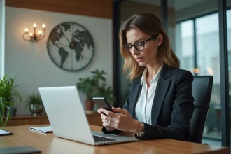 Femme d'affaires concentrée vérifiant son smartphone dans un bureau moderne