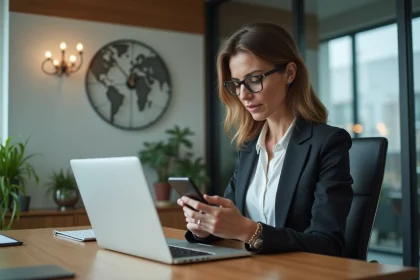 Femme d'affaires concentrée vérifiant son smartphone dans un bureau moderne